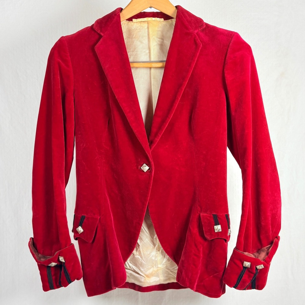 Scotch House Vtg Scarlet Red Velvet Riding Military Jacket Ornate Buttons sz 34